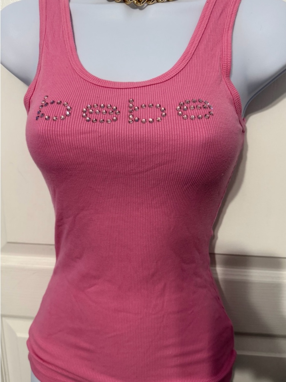 bebe Pink Ribbed Tank with Crystal Logo